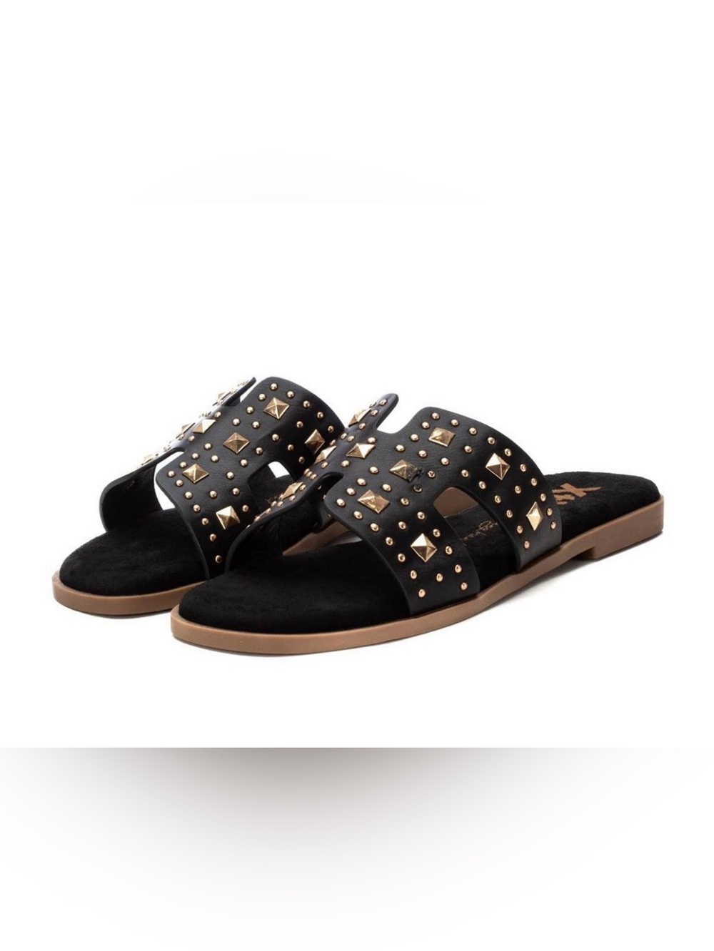Black Slide Sandals with Gold Stud Detailing
